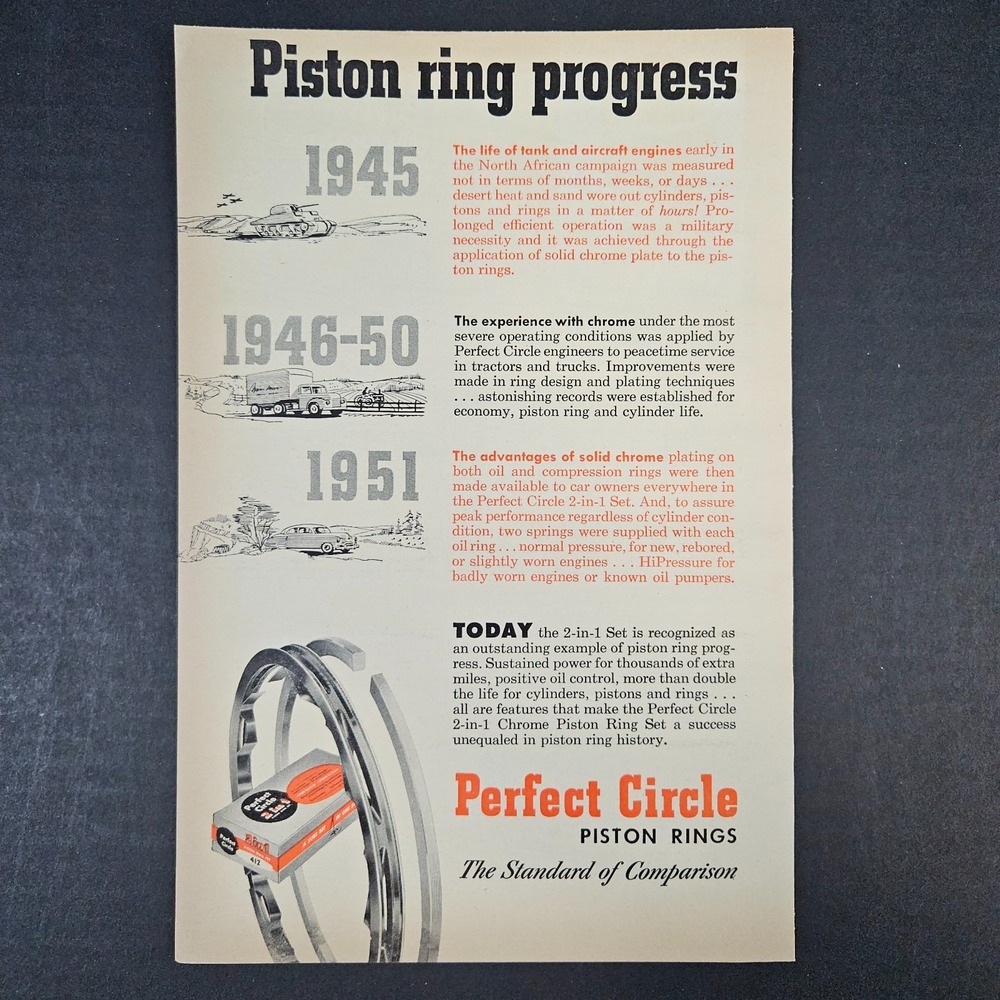 1952 Perfect Circle Piston Rings Progress Vintage Print Ad Tank Truck Automobile